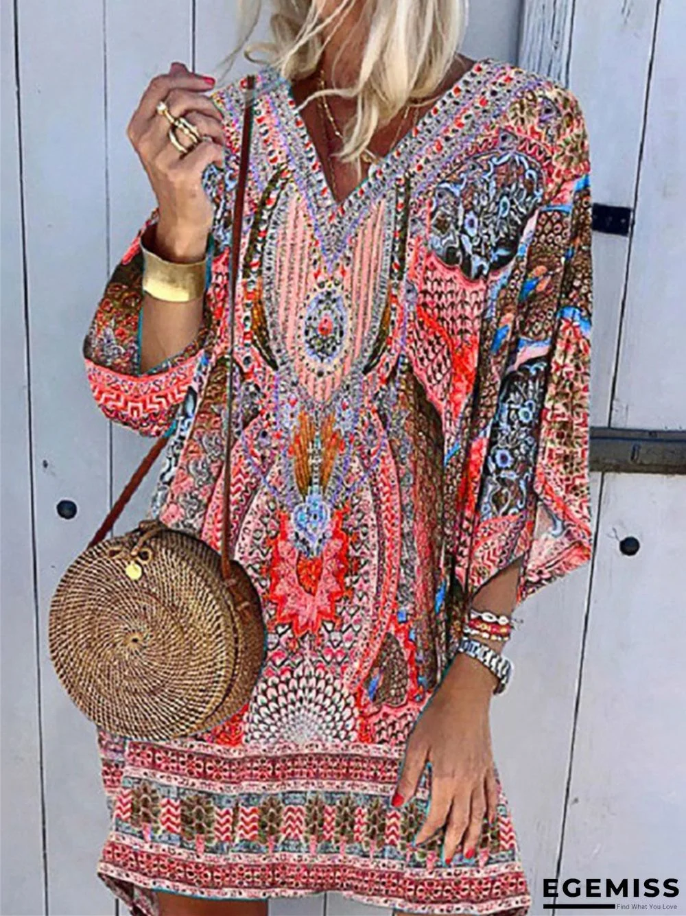 Bohemian V-Neck Long Sleeve Printed Casual Dress | EGEMISS