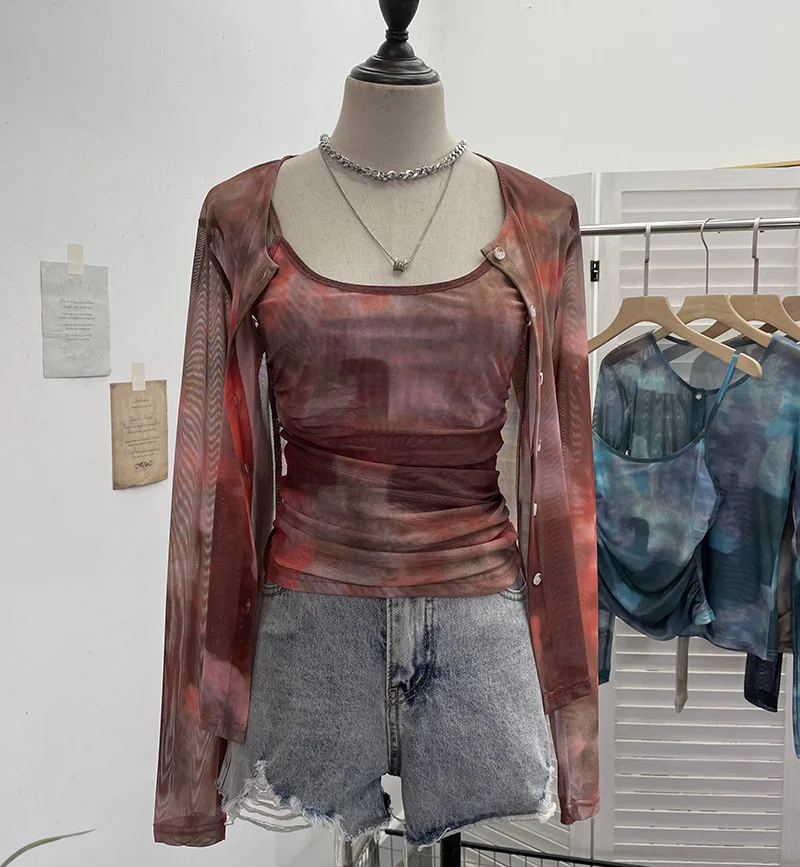 Nigikala Nigikala Babes Tie-Dye Net Yarn Sunscreen Cardigan Two Sets Of Sling Vest + Long-Sleeved Shirt Top 8056