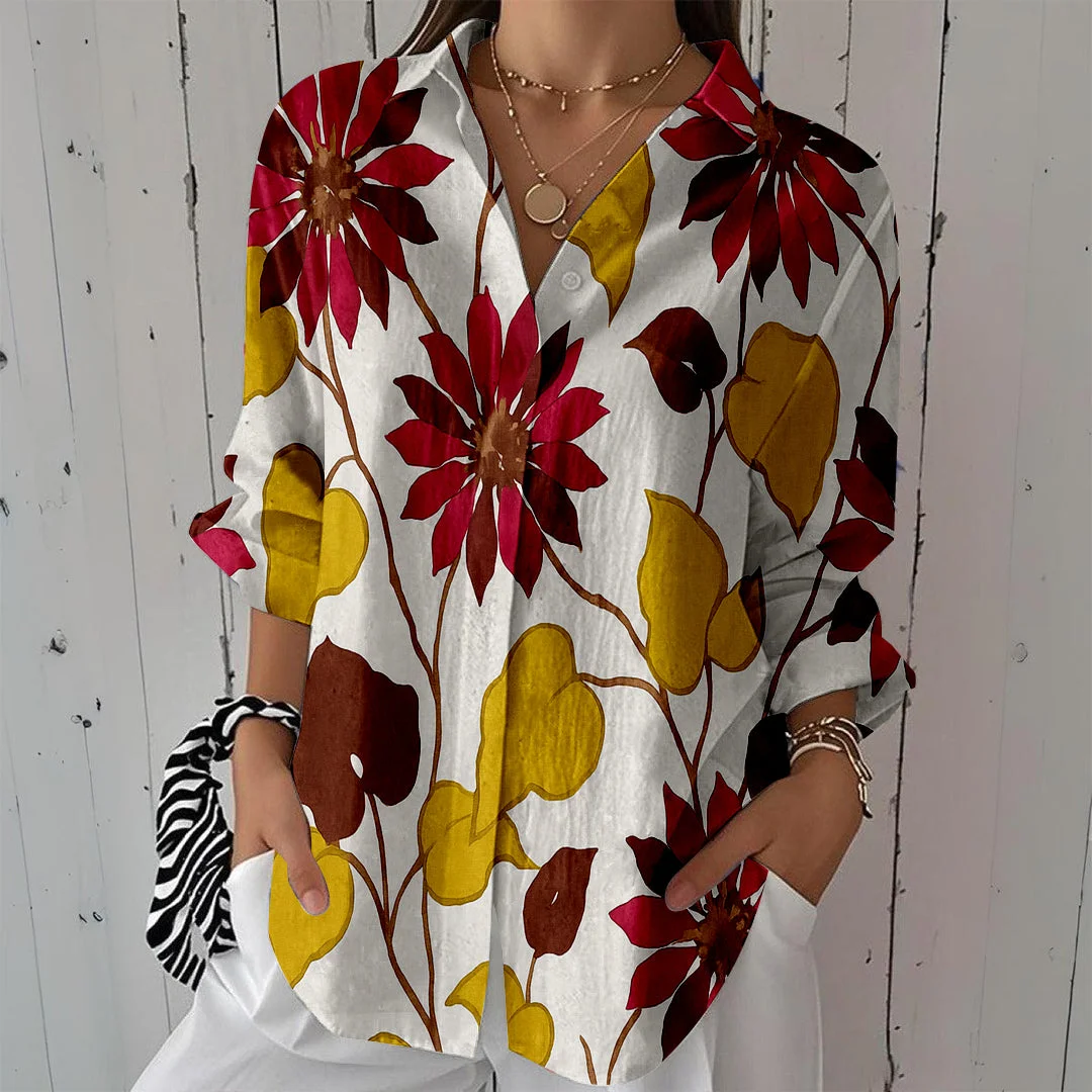 Style & Comfort for Mature Women Women Leaves, Yellow, Red DZCL0174 3/4 Sleeve Shirt Collar Printed Button Tops