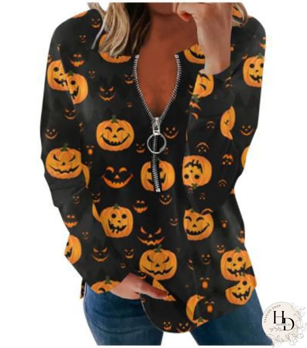 Women Halloween Long Sleeve Sweatshirts Pumpkin Ghost Printed Loose Tops Round-neck Tee