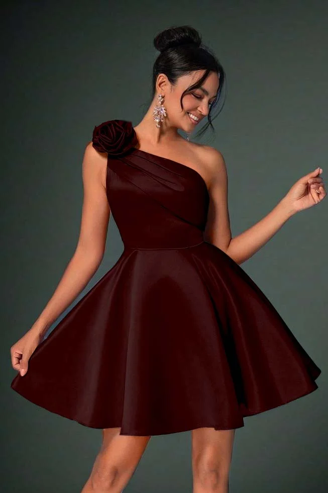 Miabel Charming Blue Satin One Shoulder Floral Sleeveless Homecoming Dress