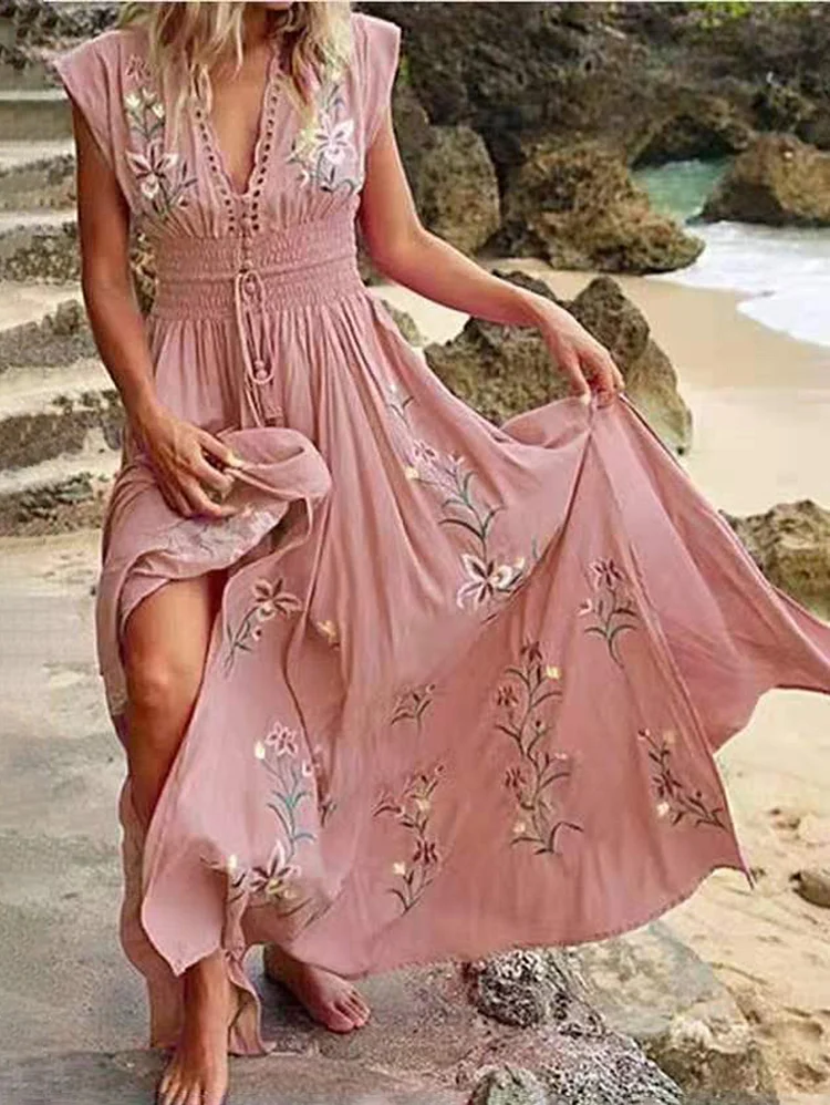 Boho Floral V Neck Smocked Drawstring Maxi Dress