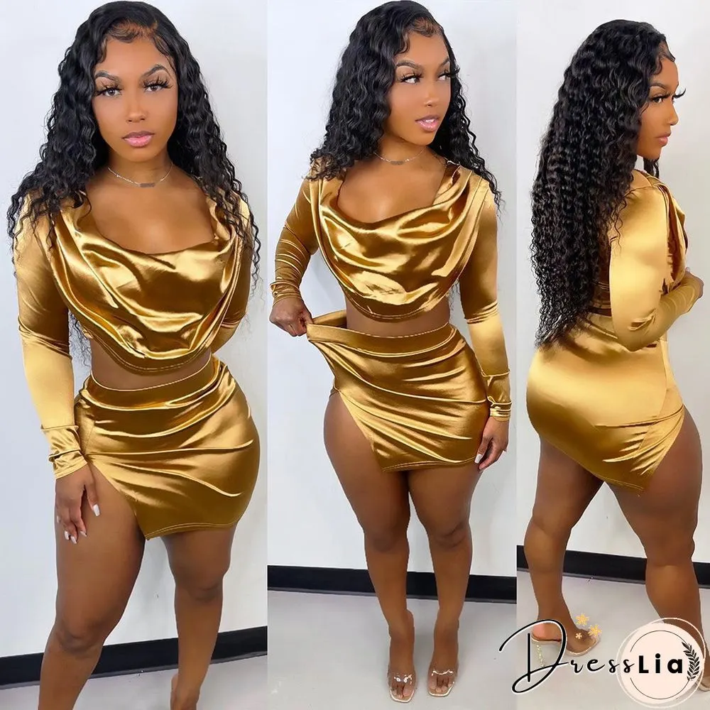 Long Sleeve Crop Top+Split Skirts 2 Piece Set