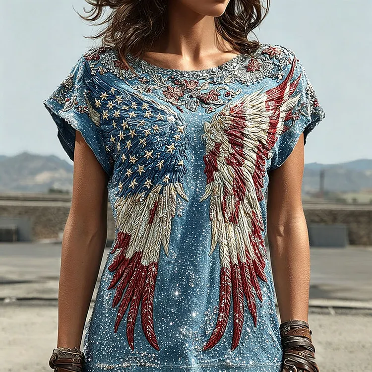 Women's Retro Independence Day Flag Wings Rhinestone Embroidery Crew Neck T-shirt