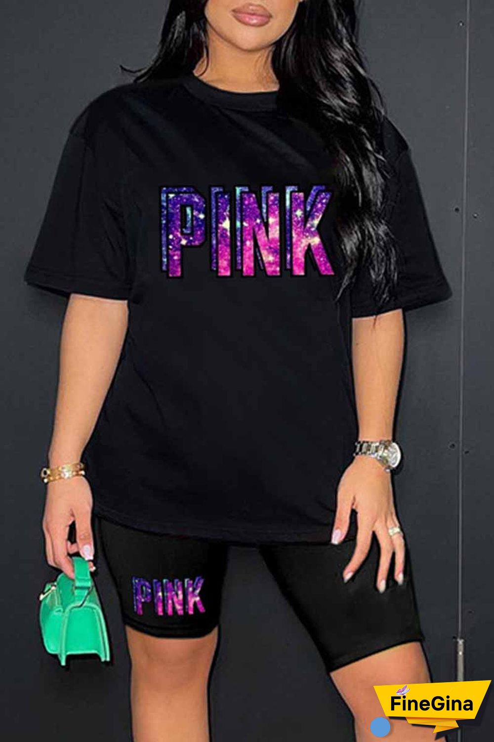 Blue Casual Print Letter O Neck Short Sleeve Two Pieces