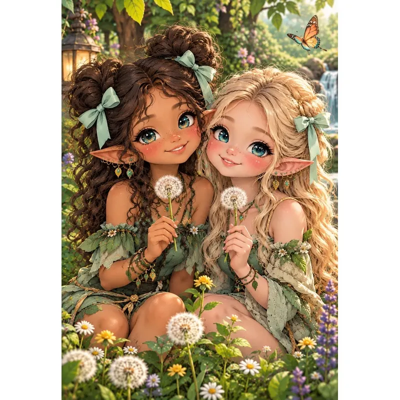 Jesbrilli Collaboration |Elf Girls Garden– Full Drill with AB & Fairy Dust Detail Highlights – Full Round/Square Diamond Painting (Velvet Cloth)