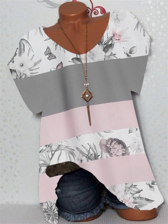 Women's Scoop Neck Short Sleeve Stitching Floral Printed Top
