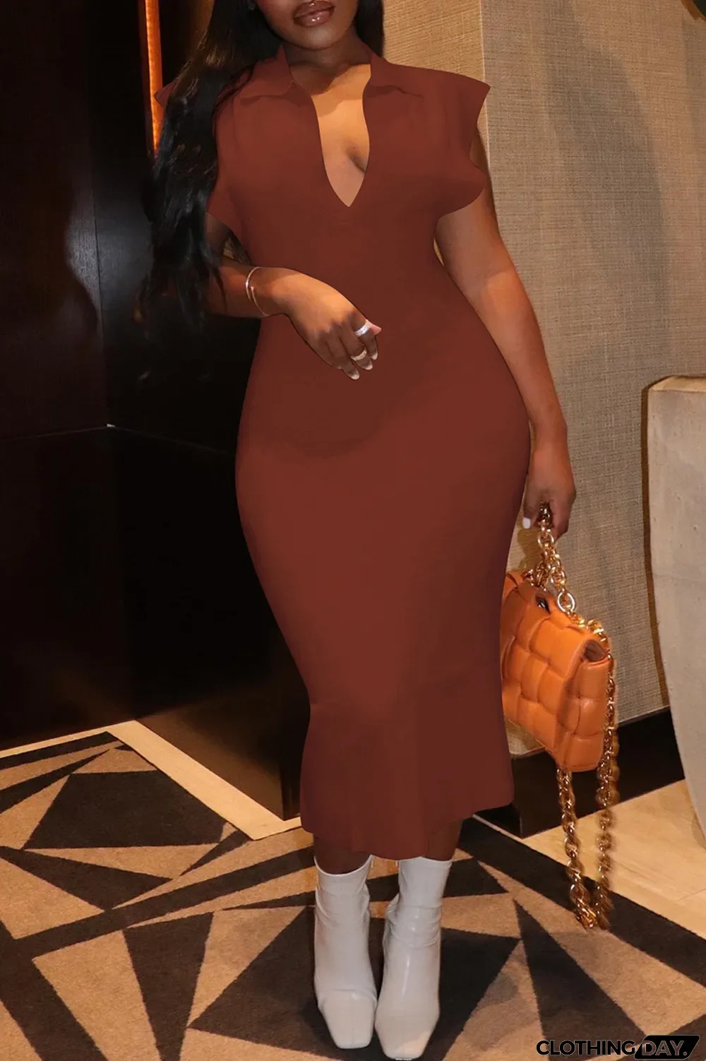 Pink Fashion Casual Solid Basic Turndown Collar Sleeveless Dress