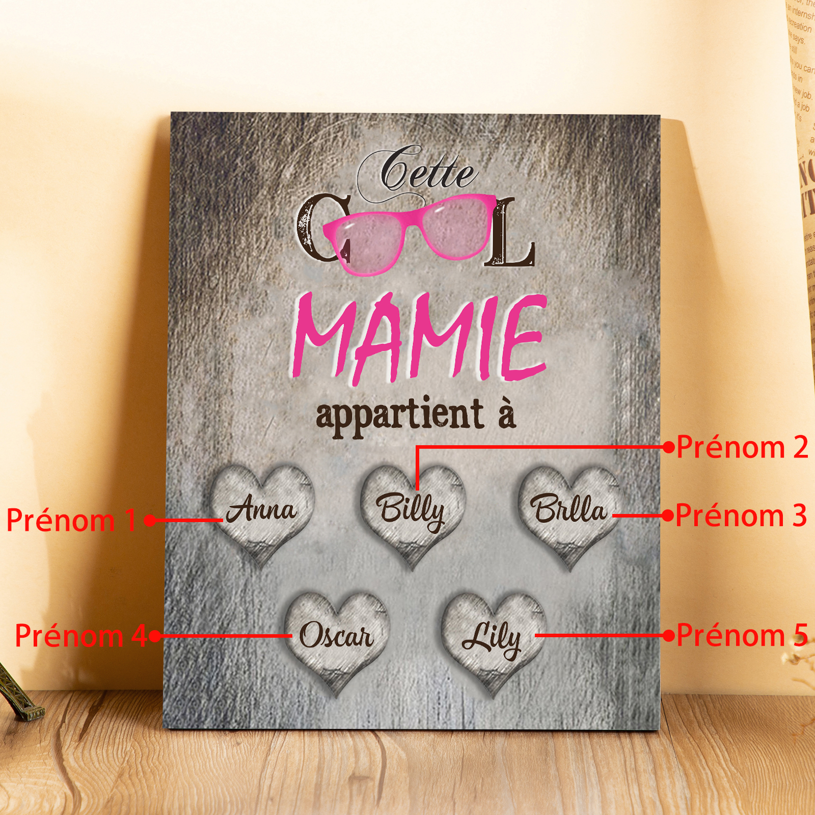 À ma Mamie - Cadre en Bois 5 Prénoms Personnalisés cadeau pour Mamie
