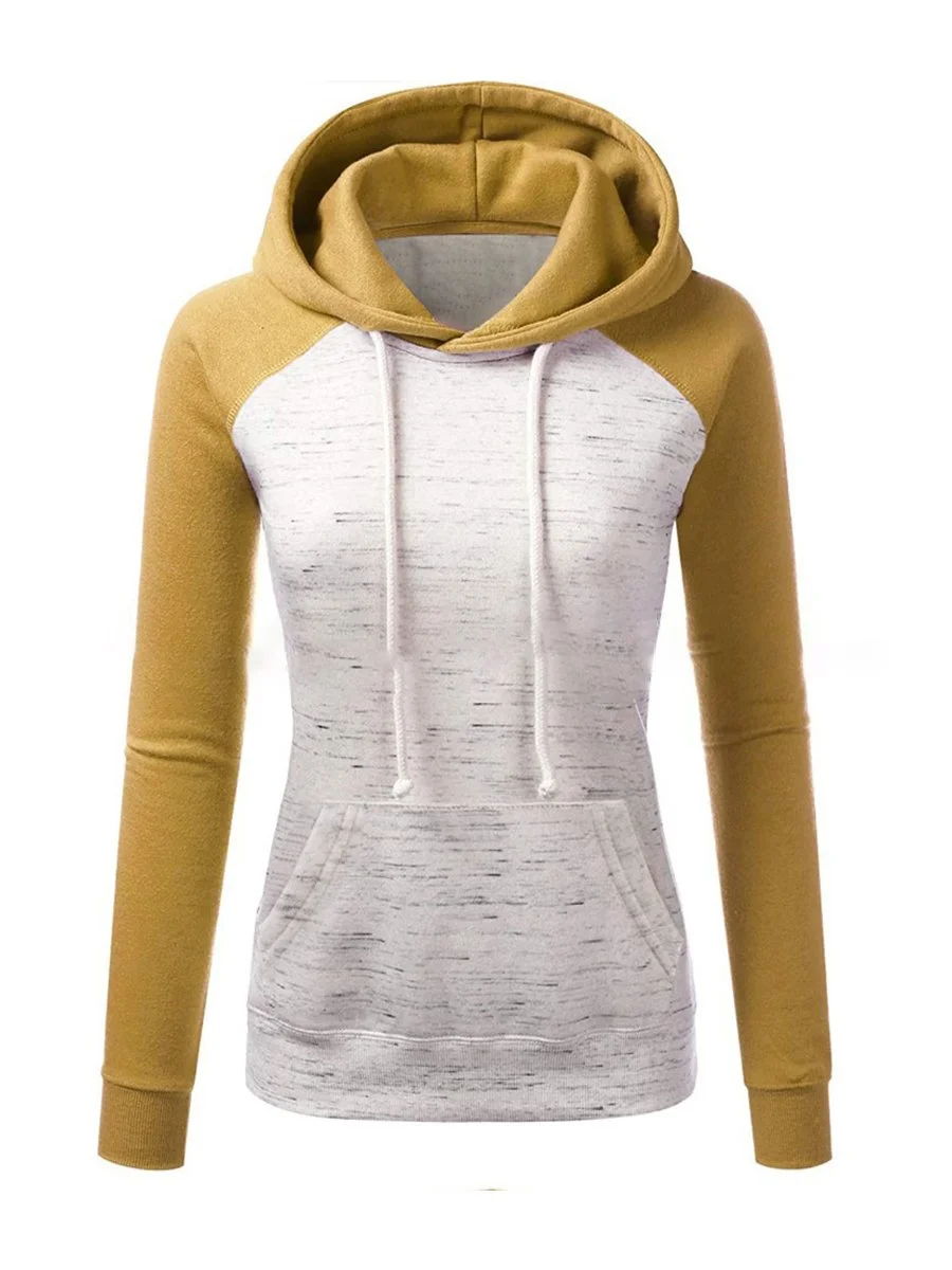 Women's Hoodie Raglan Sleeve Color Patchwork Drawstring Fleece Hoodie