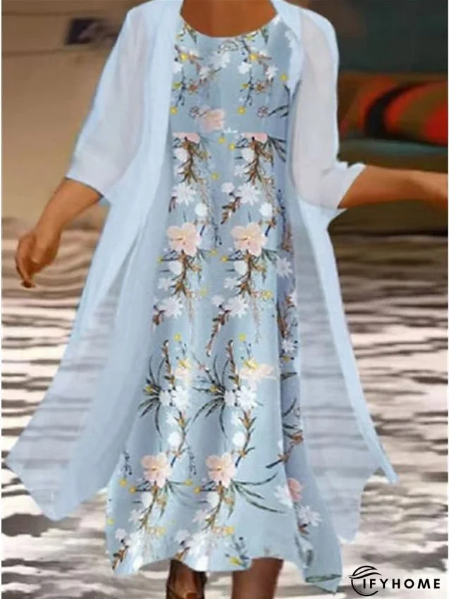 Women's Plus Size Curve Two Piece Dress Floral Round Neck Print 3 4 Length Sleeve Spring Summer Work Casual Midi Dress Casual Daily Dress | IFYHOME
