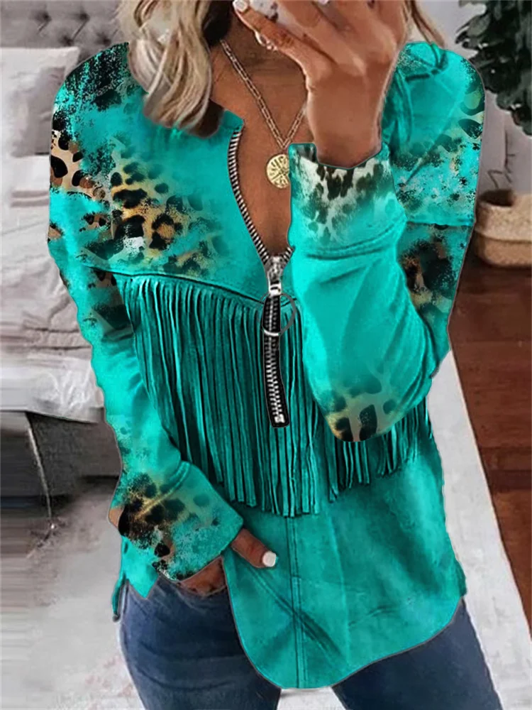 Wearshes Western Leopard Cowhide Leather Art Zip Up Sweatshirt