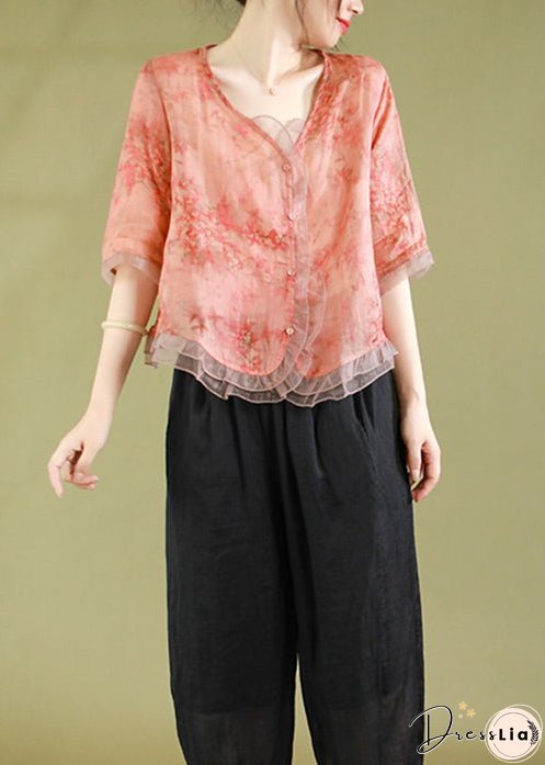 New Peach Style V Neck Button Tulle Patchwork Tops Summer