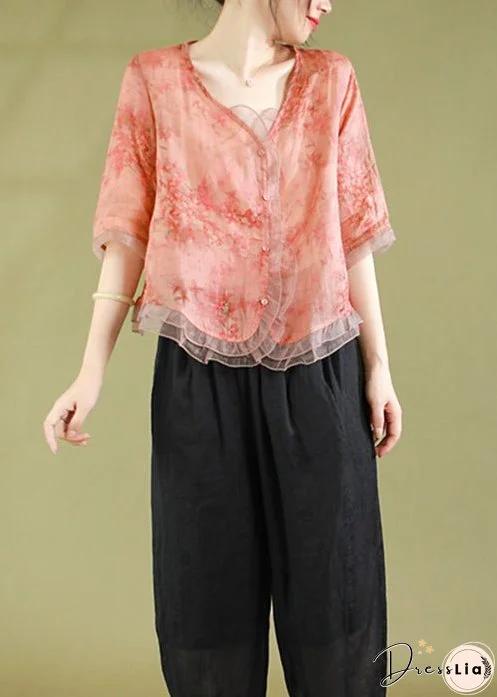 New Peach Style V Neck Button Tulle Patchwork Tops Summer