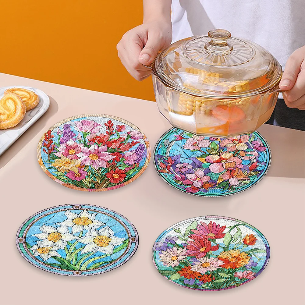 4pcs DIY Bloom Flowers Acrylic Diamond Painted Placemats for Dining Table Decor(19.5cm)