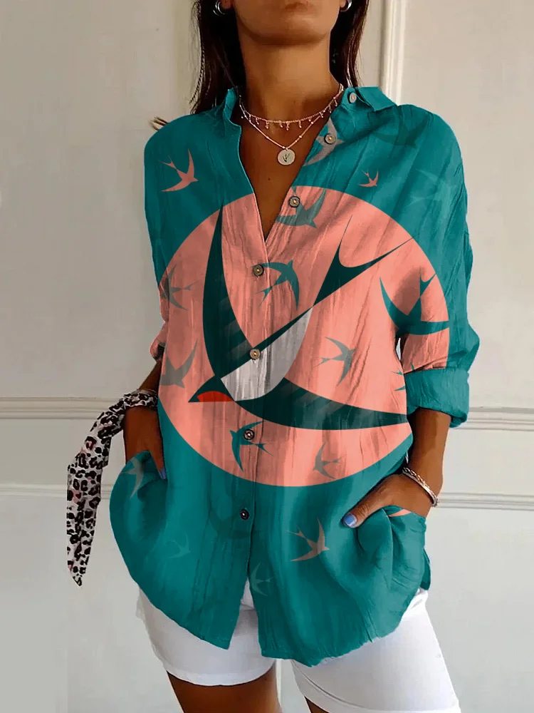 Vintage Swallow Art Print Casual Long Sleeve Shirt