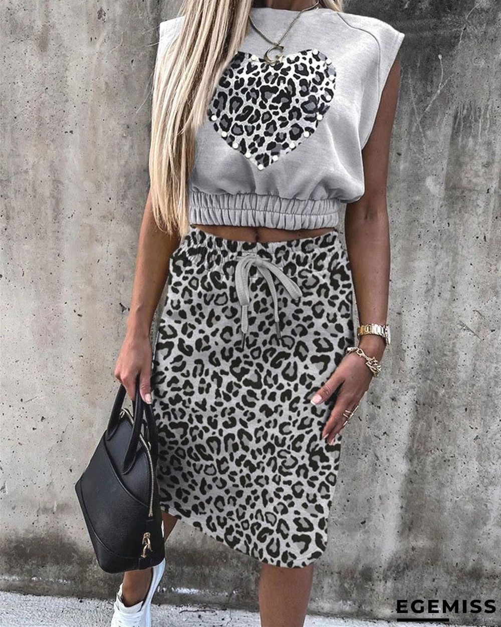 Women's Leopard Print Sleeveless Jacket Dress Two-piece Suit T-shirt | EGEMISS