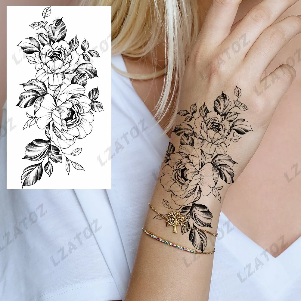 Sdrawing Rose Flower Temporary Tattoos For Woman Adults Realistic Compass Cross Fake Tatoos Sexy Waterproof Hand Tattoo Sticker