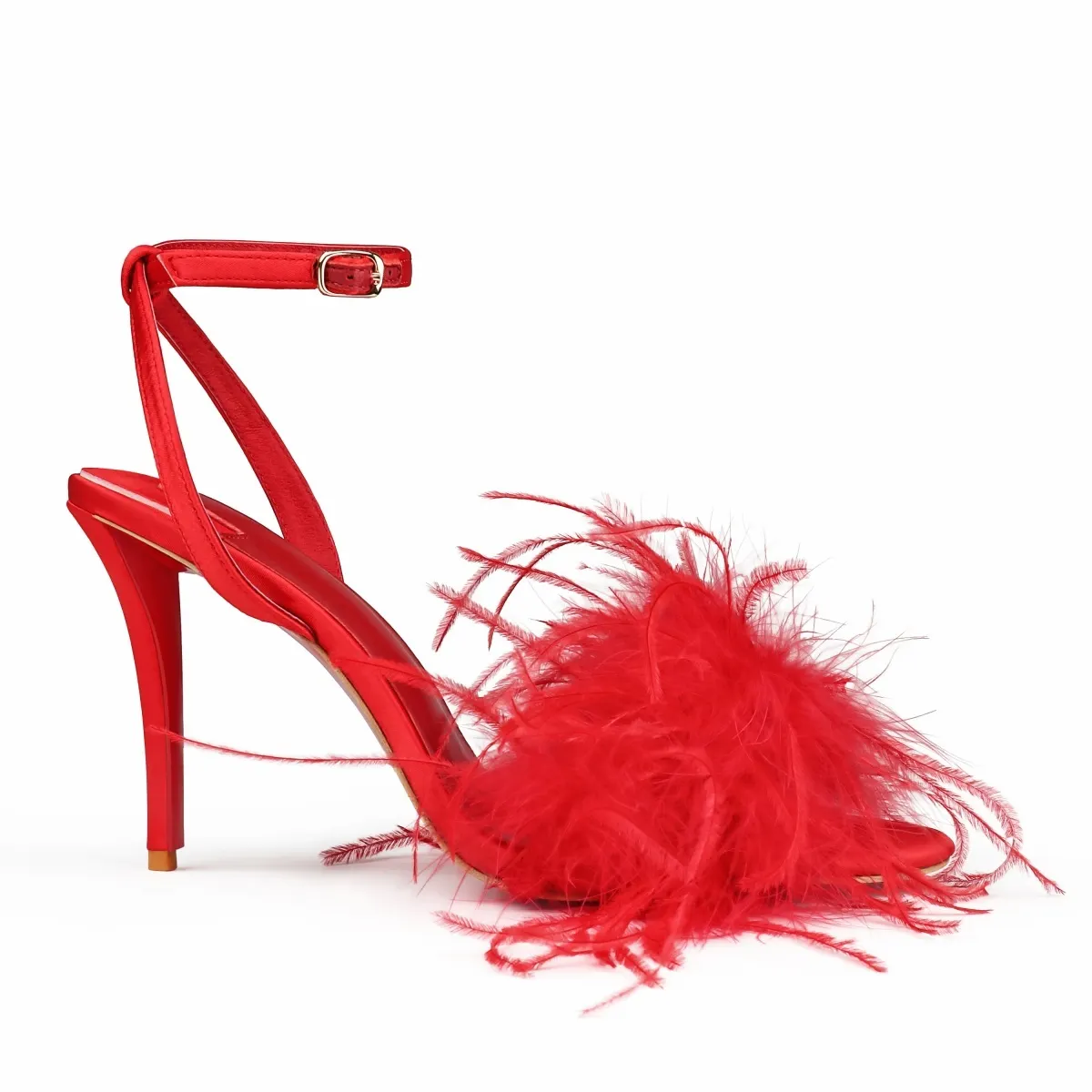 100mm Fluffy Feather Ankle Strap Pointed Toe Stiletto Red Bottom Sandals Women Party High Heels-MERUMOTE