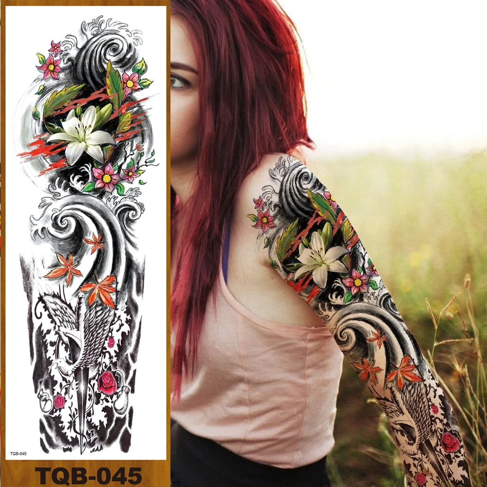 Full Flower Arm Temporary Tattoo Sticker Man Woman Body Leg Fake Tatoo Cute Girl Sexy Skull Rabbit Hotwife Decor Halloween DIY
