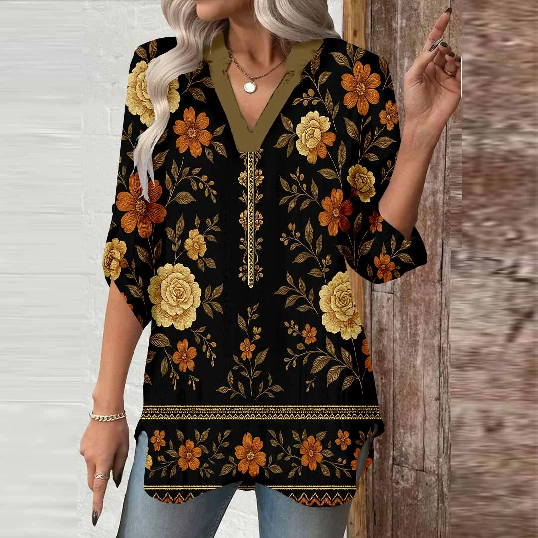 Women Floral,Orange,Black DZGA0310 3/4 Sleeve V-neck Printed Graphic Button Tops