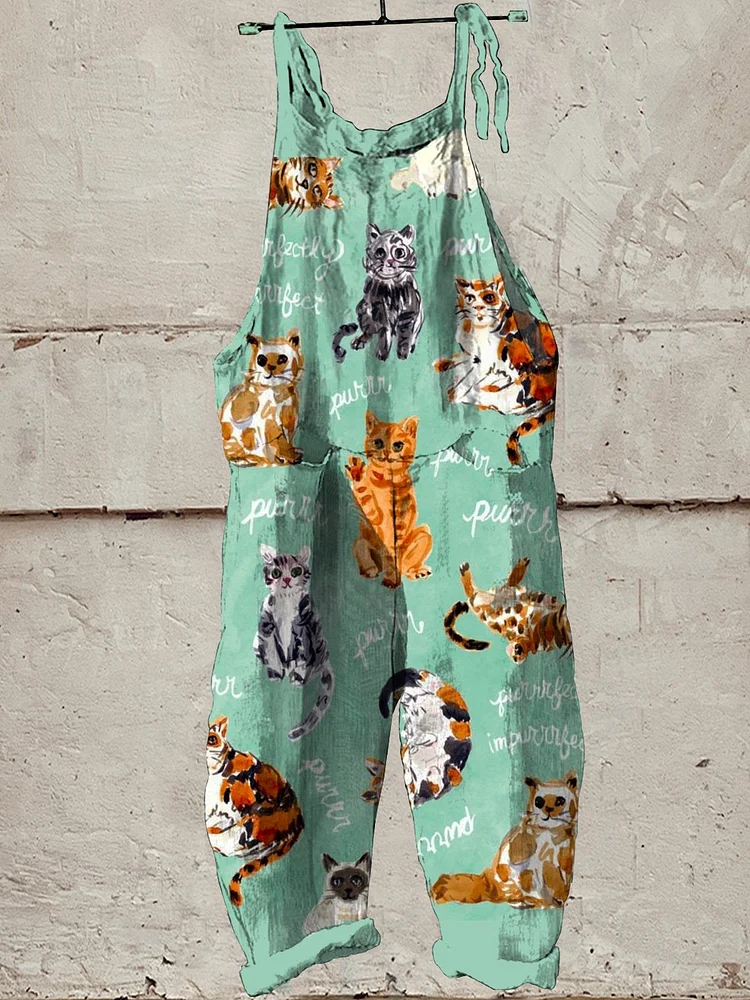 Women's Lovely Cats Art Print Casual 100% Cotton Wide Leg Jumpsuit