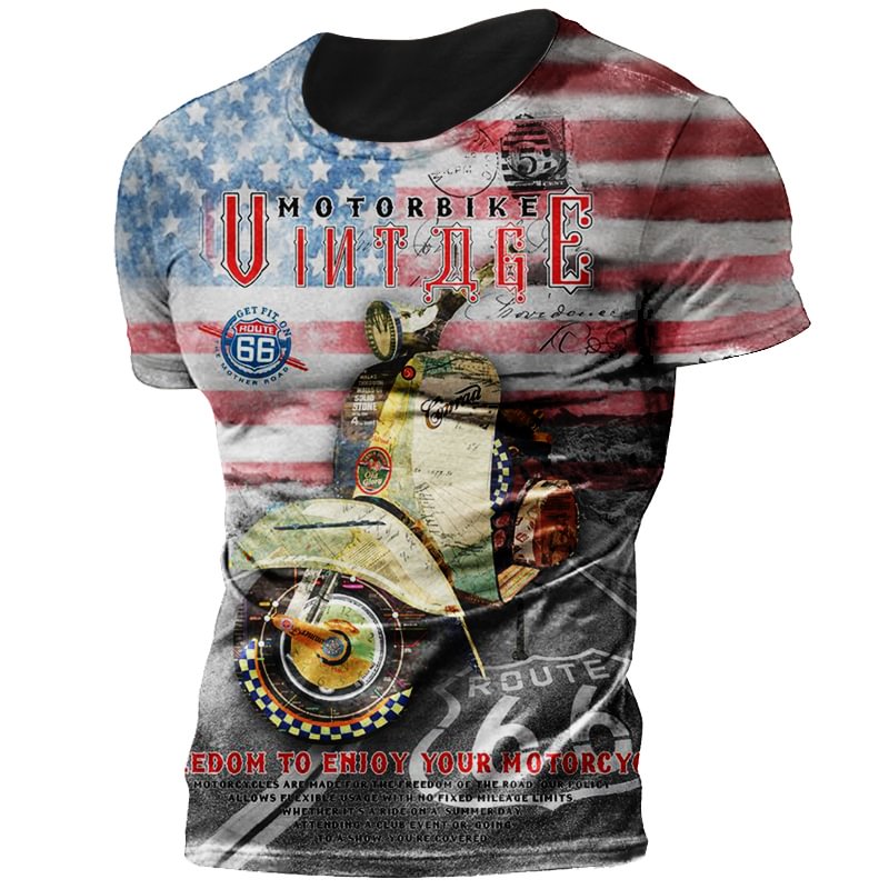 Flag Colors Motorcycle 66 Road Trip Men's Print T-Shirt-Compassnice®