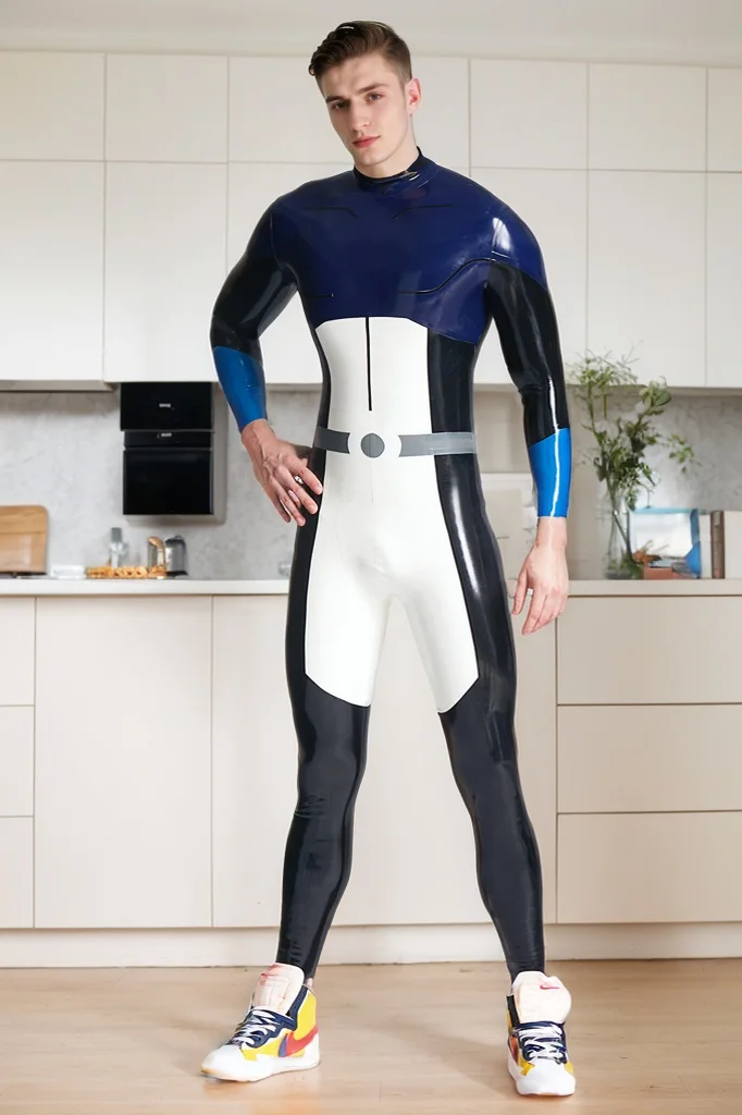 Men Latex Catsuits Male Skylar Back Zipper Catsuit Sky Guardian Warrior Superhero Style Catsuit- Dark Blue & White