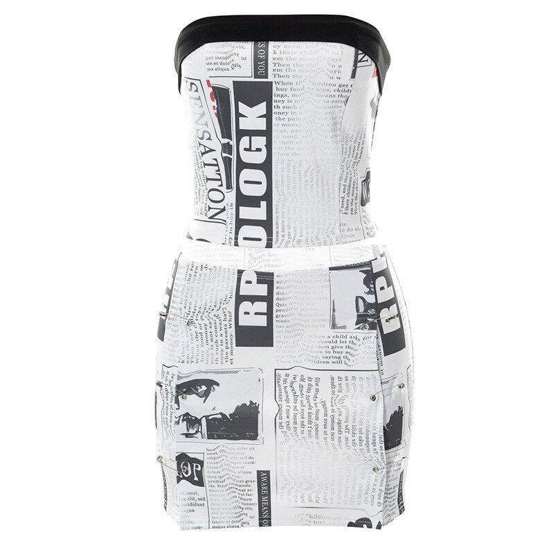 BOOFEENAA Newspaper Print Crop Top Mini Skirt Suit Two Piece Set Women Summer Outfits Y2k Street Rave Festival Clothing C85-CG24