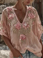 Women's Floral Embroidered Art Flowy Linen Blend Short Sleeve Casual Tops