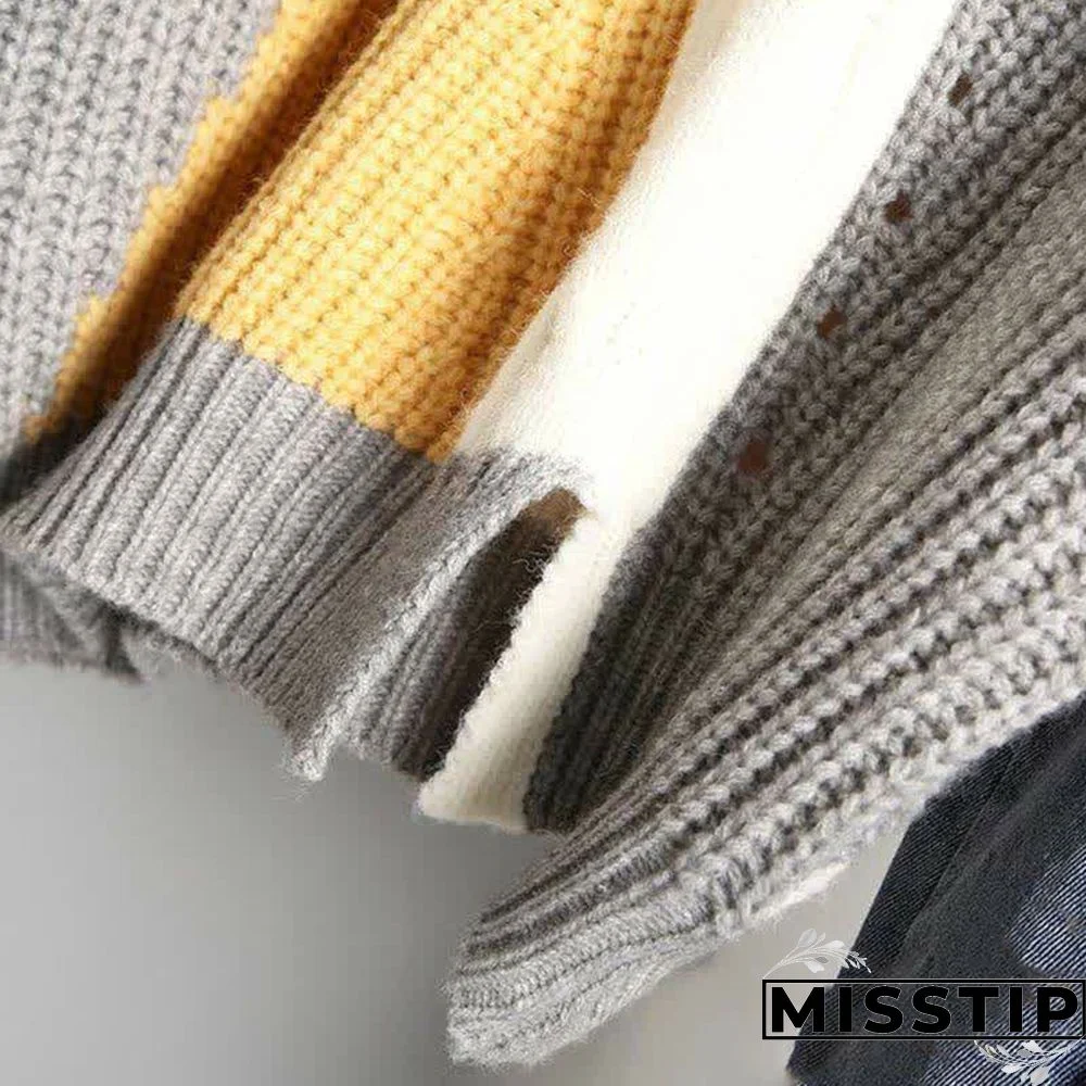 Denim Sleeve Colorblock Loose Round Collar Sweater