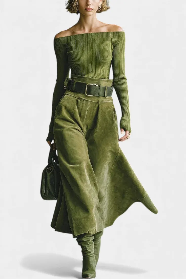 Off-Shoulder Ribbed Top with Wide Belted Suede Midi Skirt Set