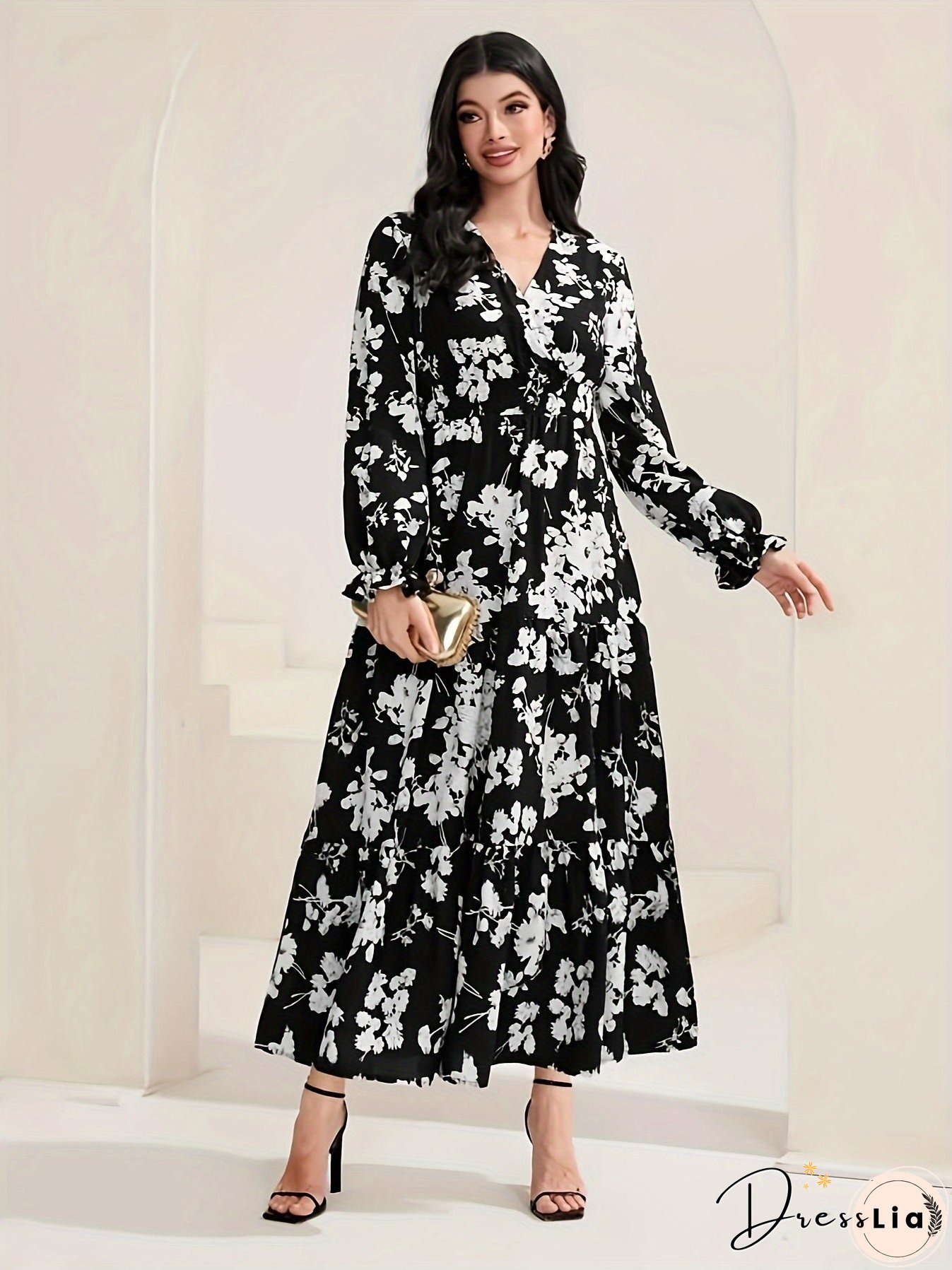 Floral Print Lantern Sleeve Dress, Casual V Neck Cinched Waist Dress For Spring & Fall, Women's Clothing