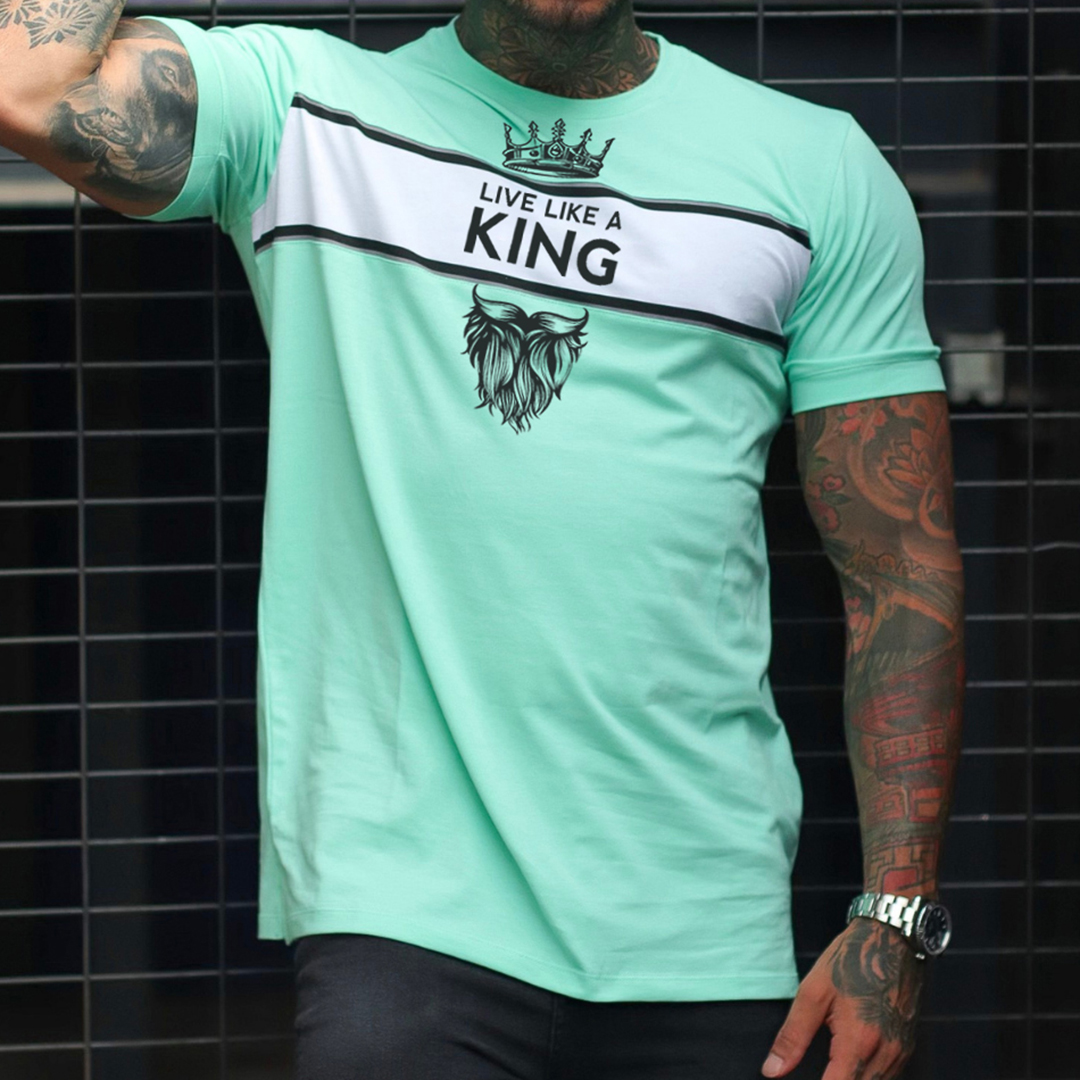 Men's Fashion Live Like A King Print Color Matching Casual Slim Fit Short Sleeve T-Shirt