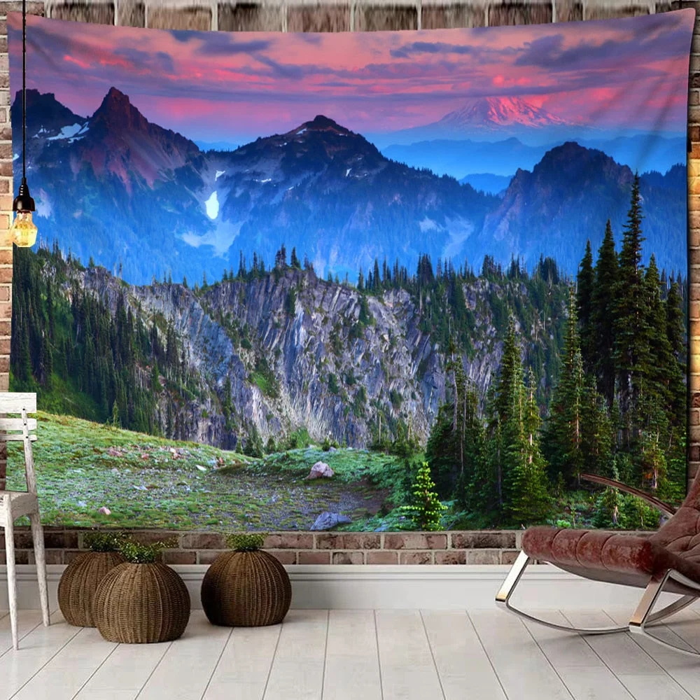 Mountains Psychedelic Tapestry Starry Sky Wall Hanging Star Stars Leaf Village Dorm Decor Blanket 130Cm Woven Personalized
