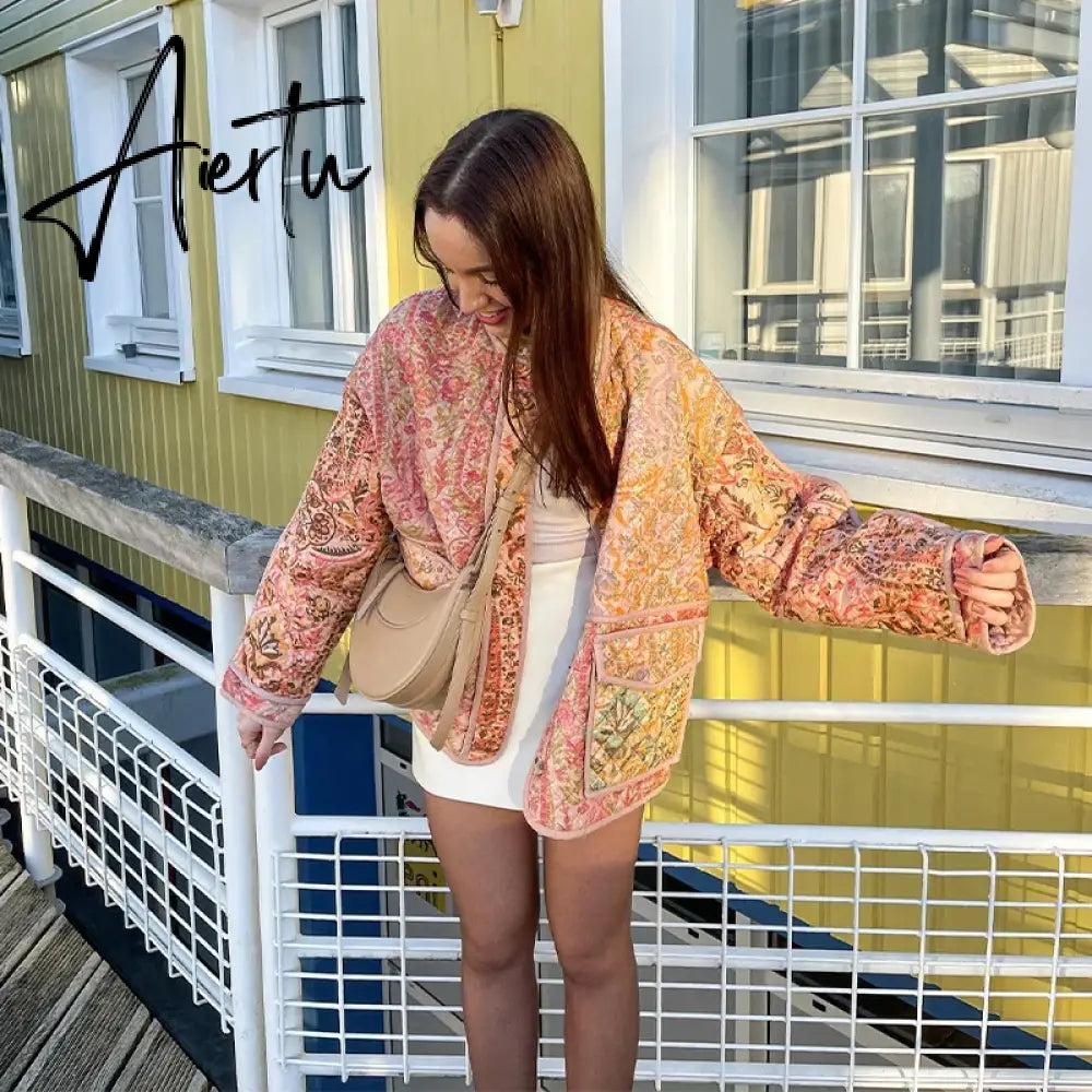 Vintage Printed Flower Cotton Jacket Women Long Sleeve Single Breasted Short Cardigan  Autumn Chic Ladies High Streetwear Aiertu