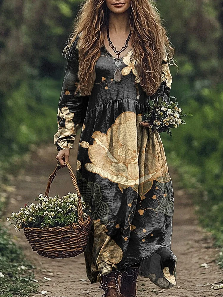 Women's Vintage Flower Print Pocket Cotton Dress