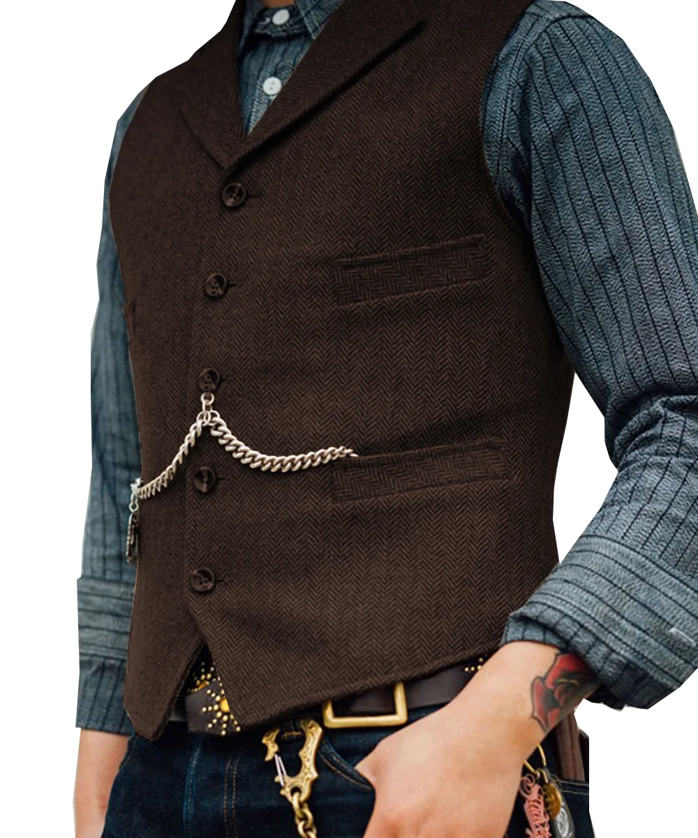 Men's Lapel V Neck Wool Herringbone Casual Waistcoat Formal Groomsman Business Suit Vest For Wedding