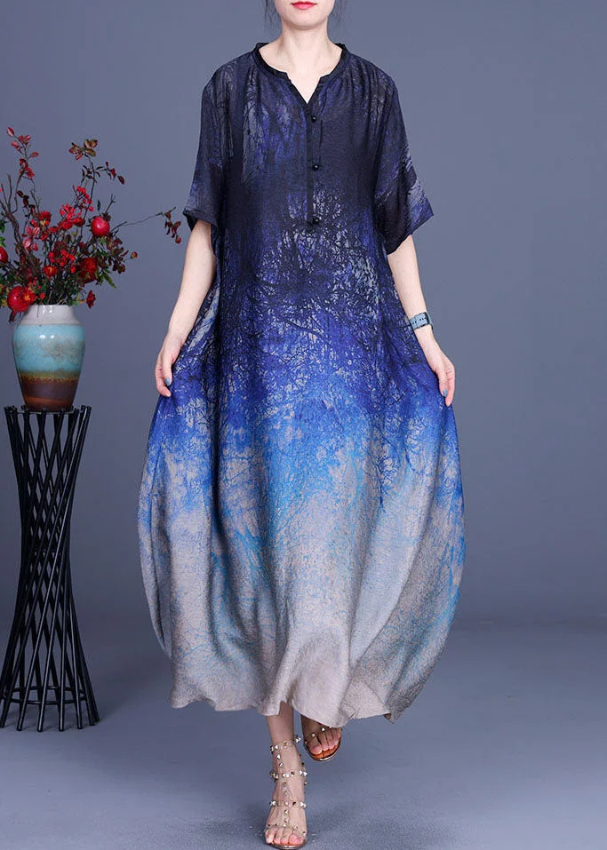 Classy Blue Button Print fashion Fall Half Sleeve Dress