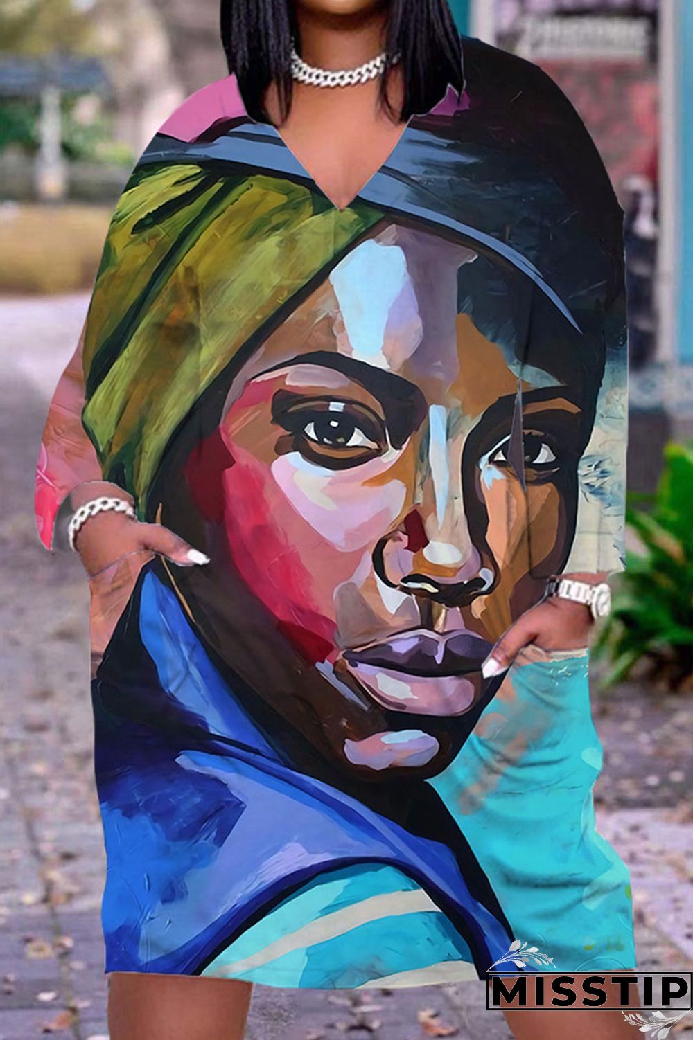 Gray Cyan Casual Print Patchwork V Neck Straight Dresses