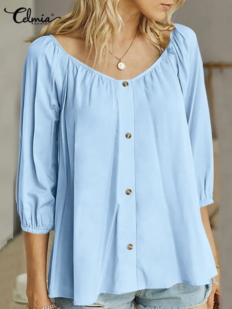 Fashion Women White Blouses 2022 Celmia Folds Buttons Tunic Summer Casual O-neck Tops Elegant 3/4 Puff Sleeve Shirt Blusas Femme