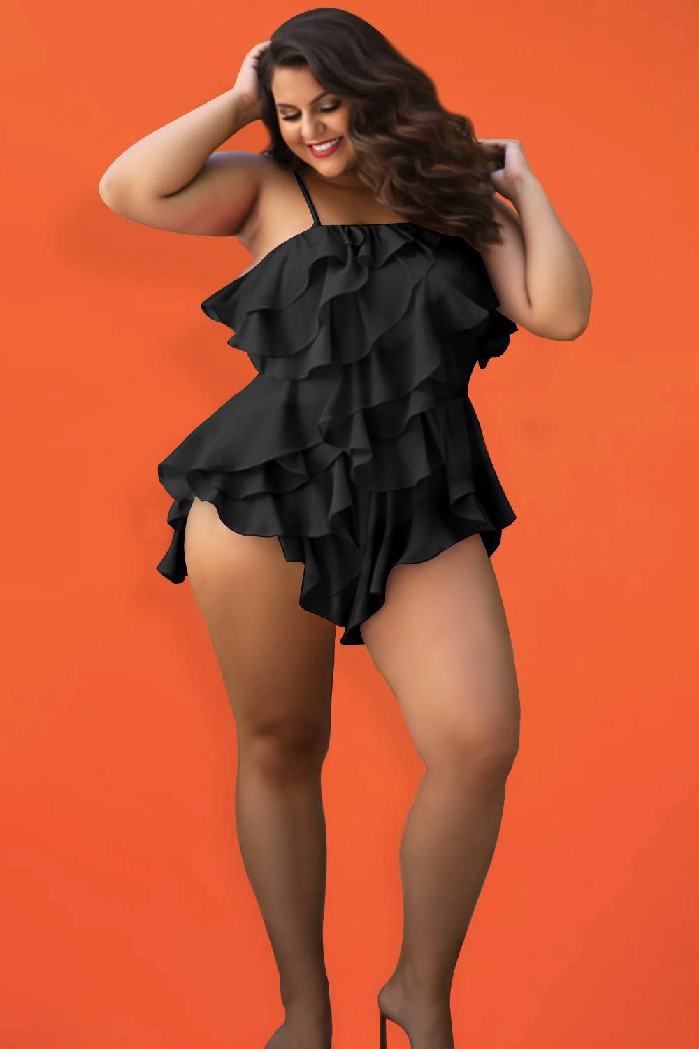 Design Plus Size Beach Black Cami Flounce Swimsuit Fabric One Pieces Swimwear [Pre-Order]