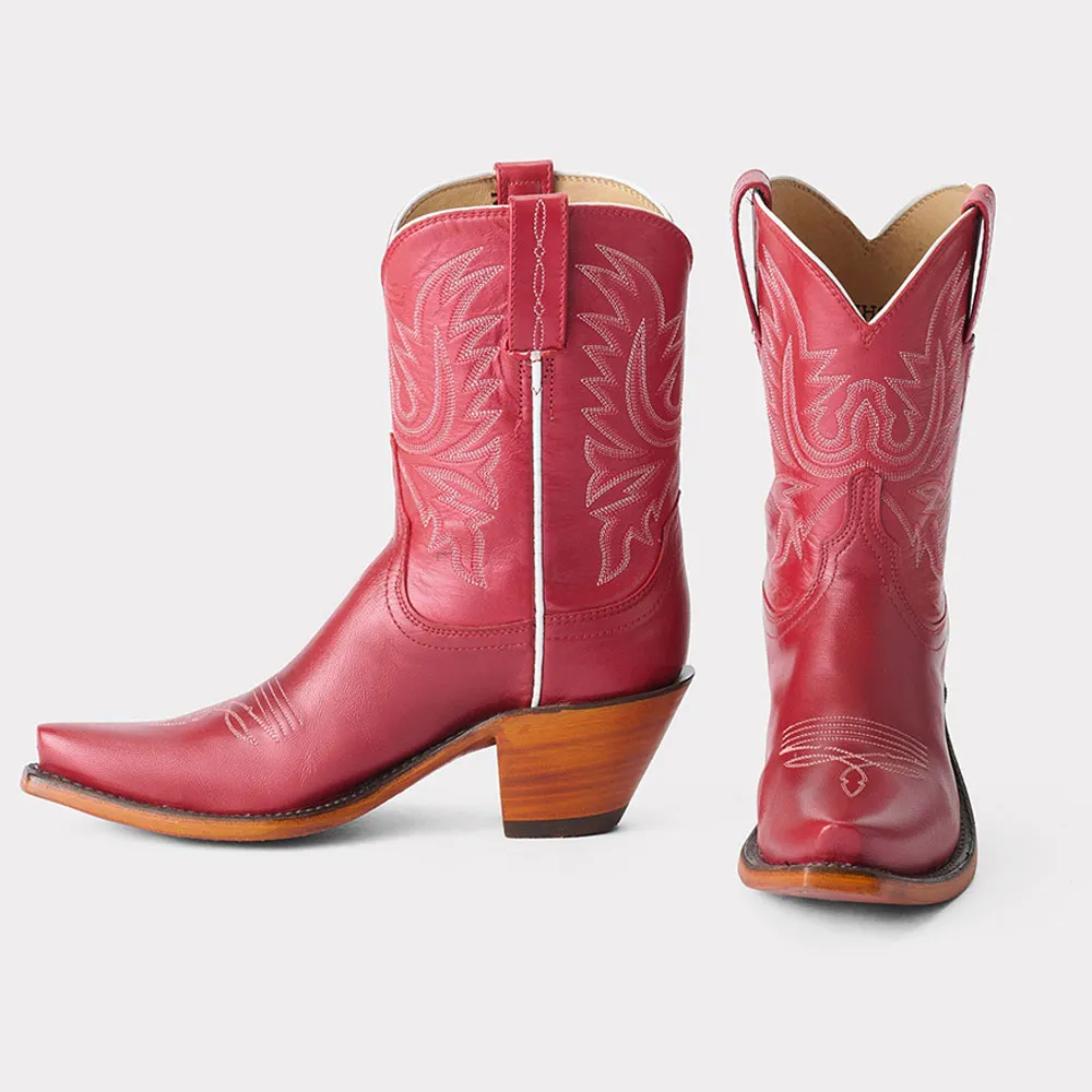 Red Embroidered Stacked Heel Snip Toe Mid-Calf Cowgirl Boots for Women