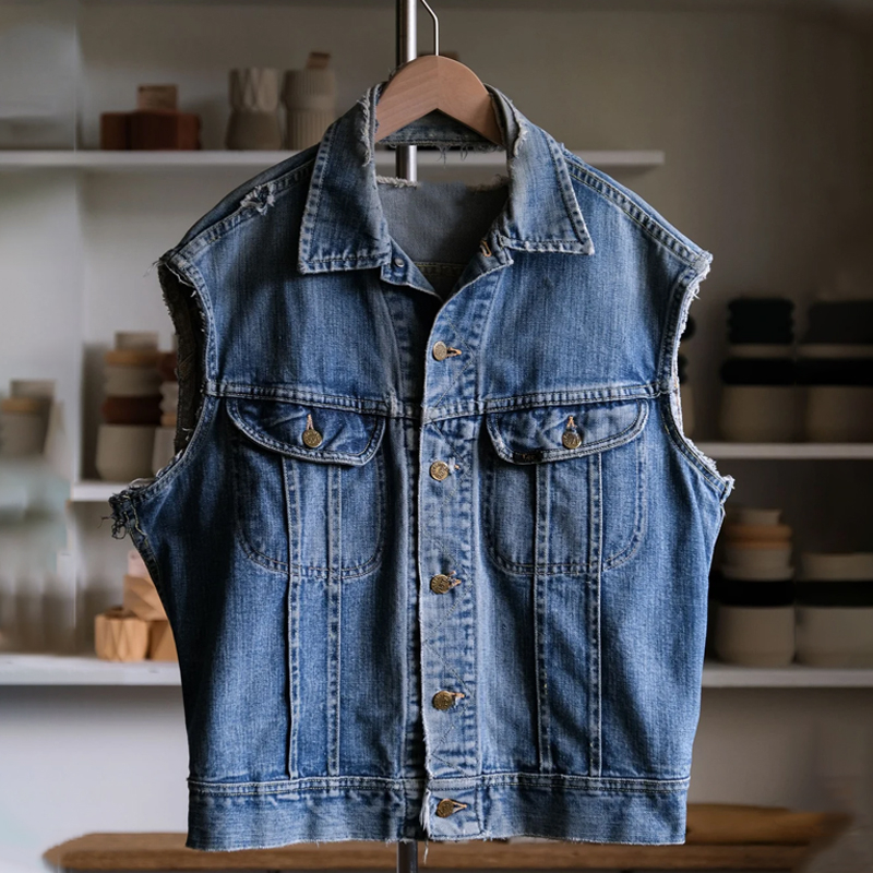 Men's Washed Denim Single-Breasted Sleeveless Vest
