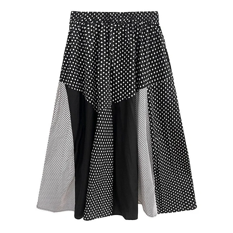 Unique Striped Lapel Asymmetrical Patchwork Dot Long Sleeve Shirt & Skirt Two Pieces Set