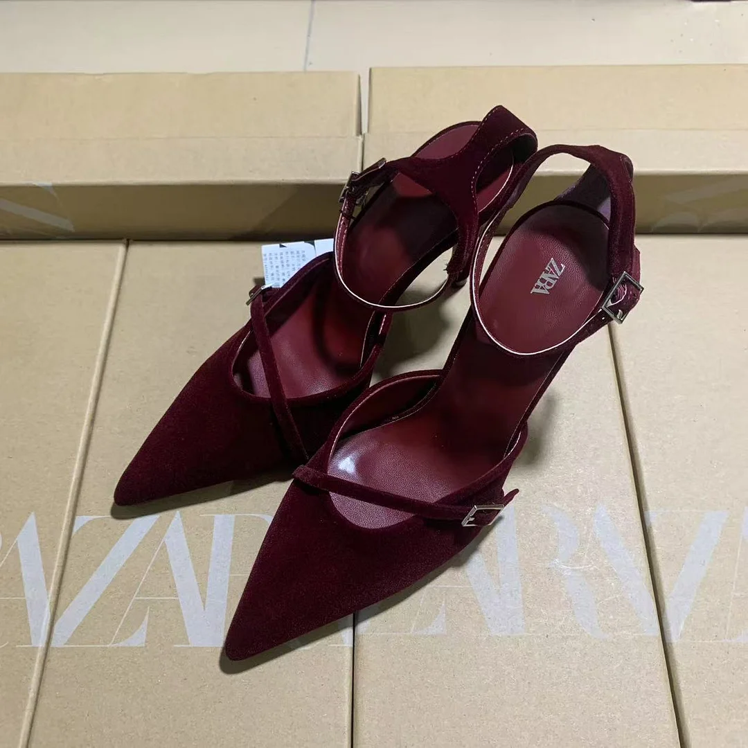 Breakj Breakj Spring New Women's Shoes Red Velvet Head Light-High Muller Shoes Buckle Fine Women's Shoes