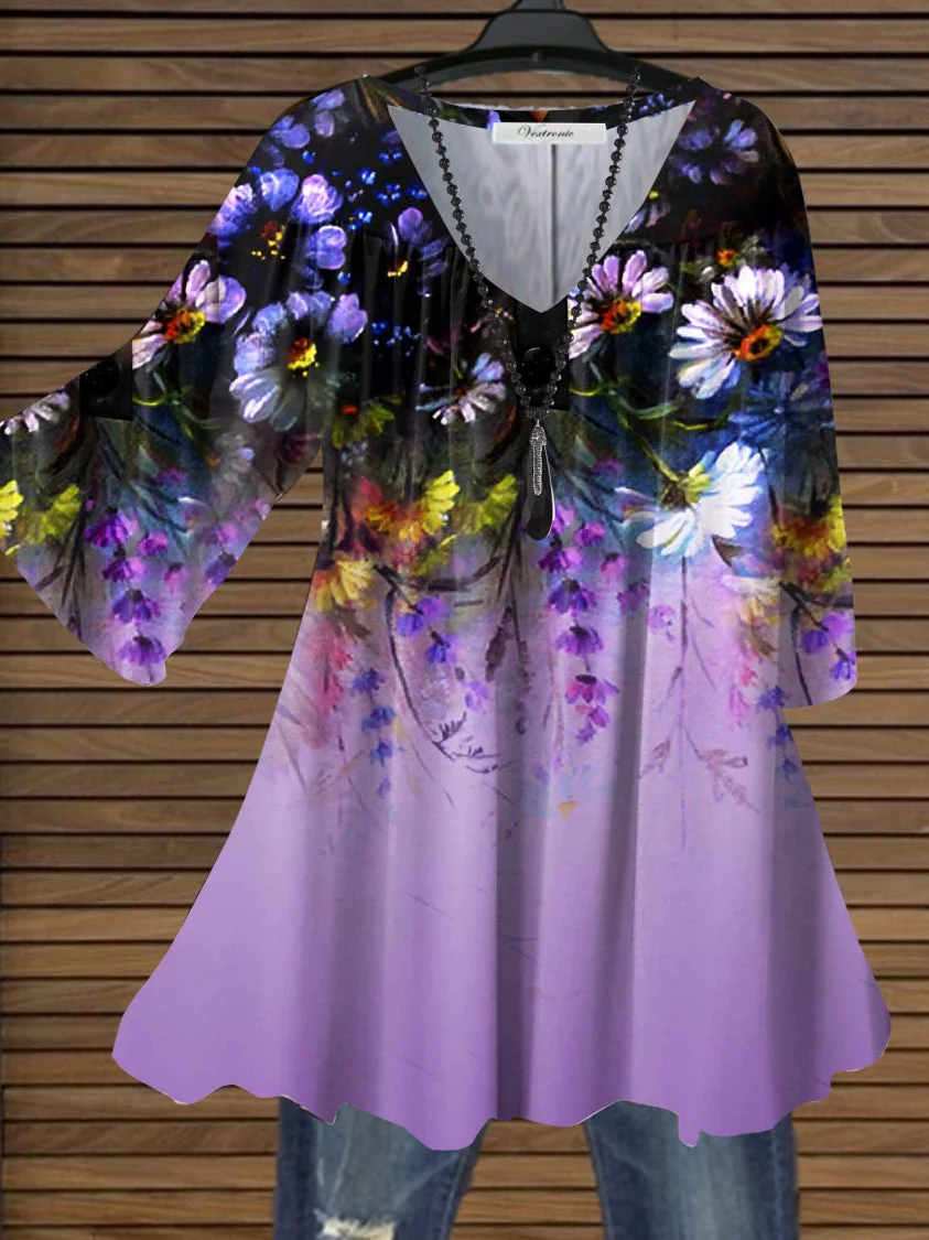 Women Purple Half Sleeve V-neck Floral Printed Gradient Top