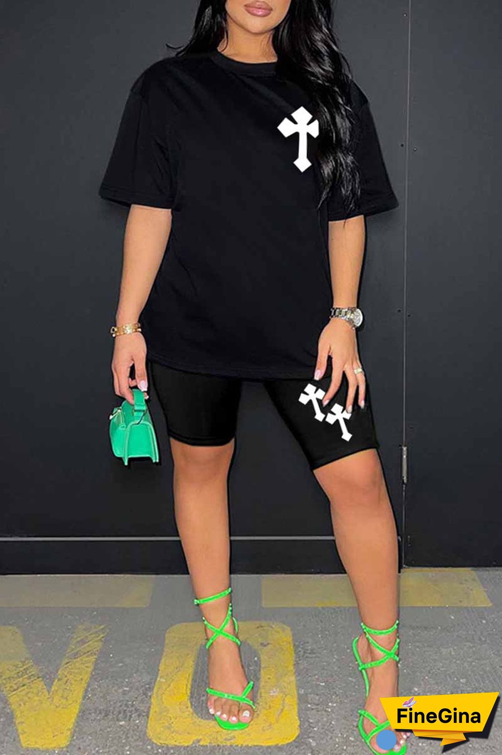 Blue Casual Print Patchwork O Neck Short Sleeve Two Pieces