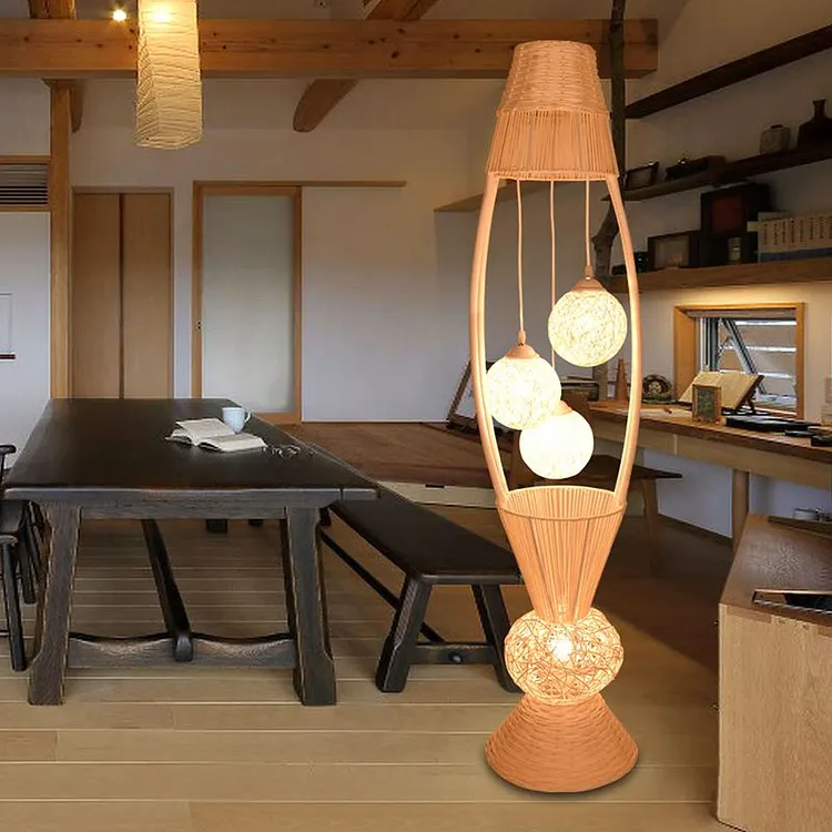 Muto fish basket floor lamp, wood & bamboo, 4 lights, 140CM long
