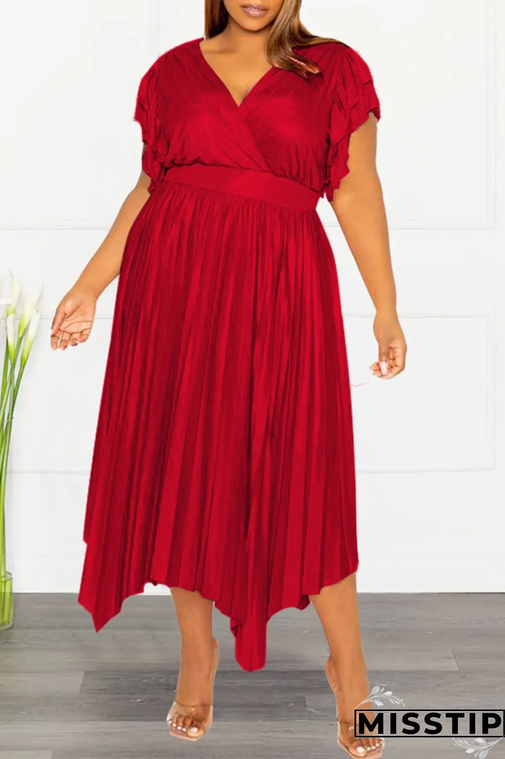 Pink Casual Solid Patchwork V Neck Pleated Plus Size Dresses